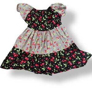 Cherry Black Gingham Cottagecore Puff Sleeve Dress 4T 5T Handmade Retro Style